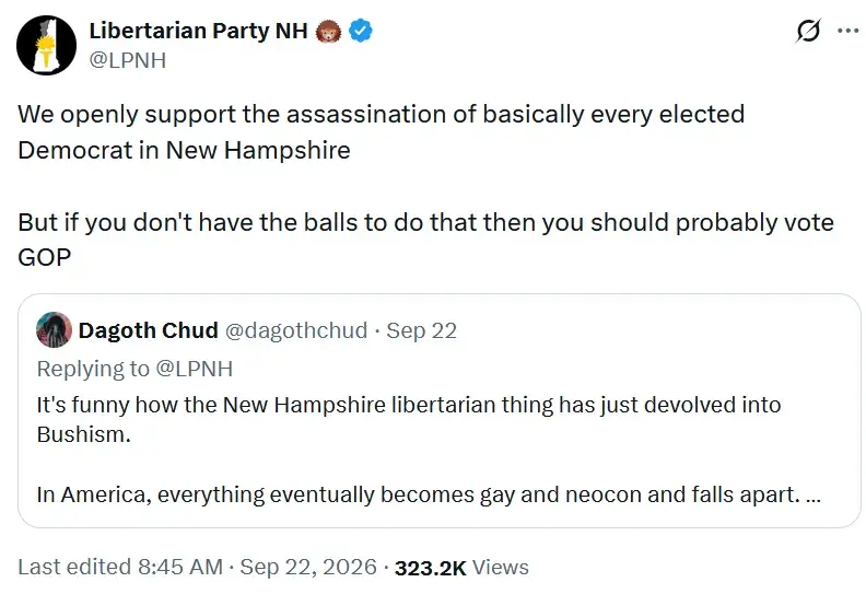 Post by Libertarian Party NH stating, "We openly support the assassination of basically every elected Democrat in New Hampshire. But if you don't have the balls to do that then you should probably vote GOP."
