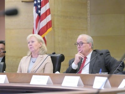 Jennifer Prestholdt and Peter Cahill sit at a committee dais with microphones, listening intently before an American flag.