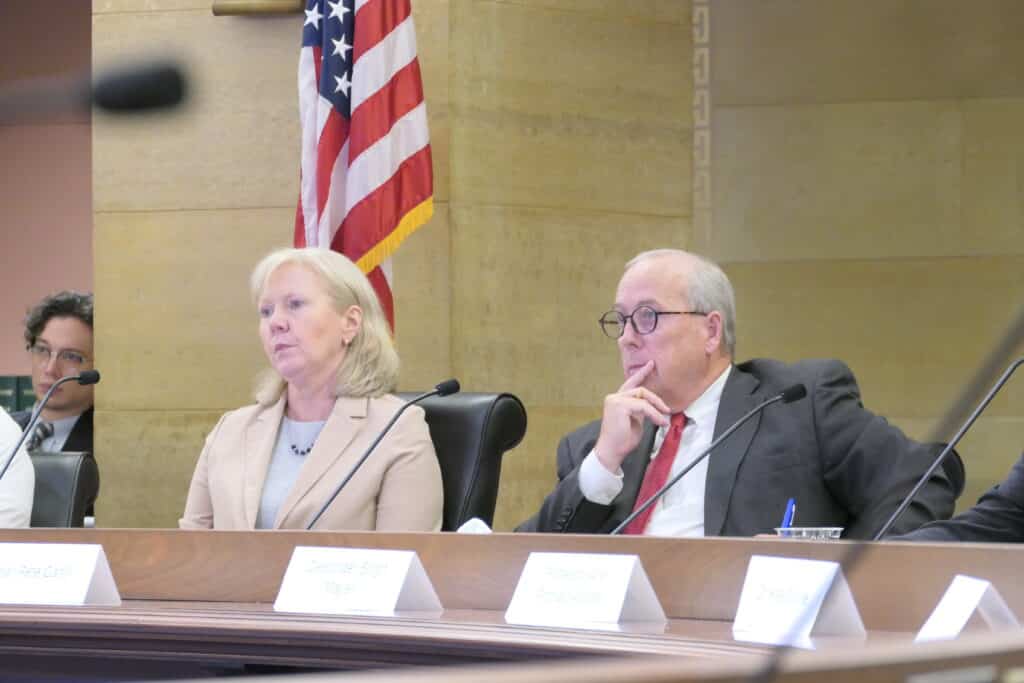 Jennifer Prestholdt and Peter Cahill sit at a committee dais with microphones, listening intently before an American flag.