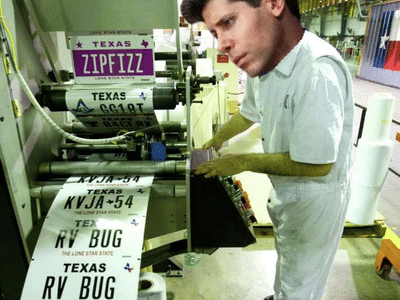 Sam Altman's face photoshopped onto a worker operating a machine that prints Texas license plates, including "ZIPFIZZ".