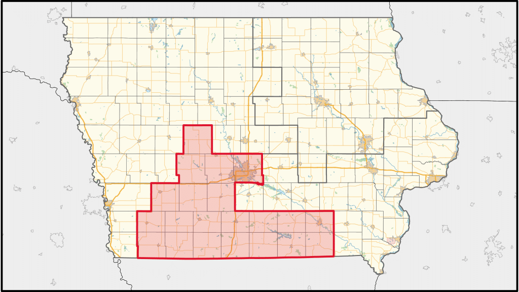 Map of Iowa highlighting the 3rd Congressional District in red, covering south-central counties including Polk and Dallas.