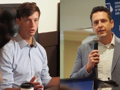 Side-by-side composite photo shows Rob Sand on the left speaking indoors and Zach Lahn on the right speaking into a microphone.