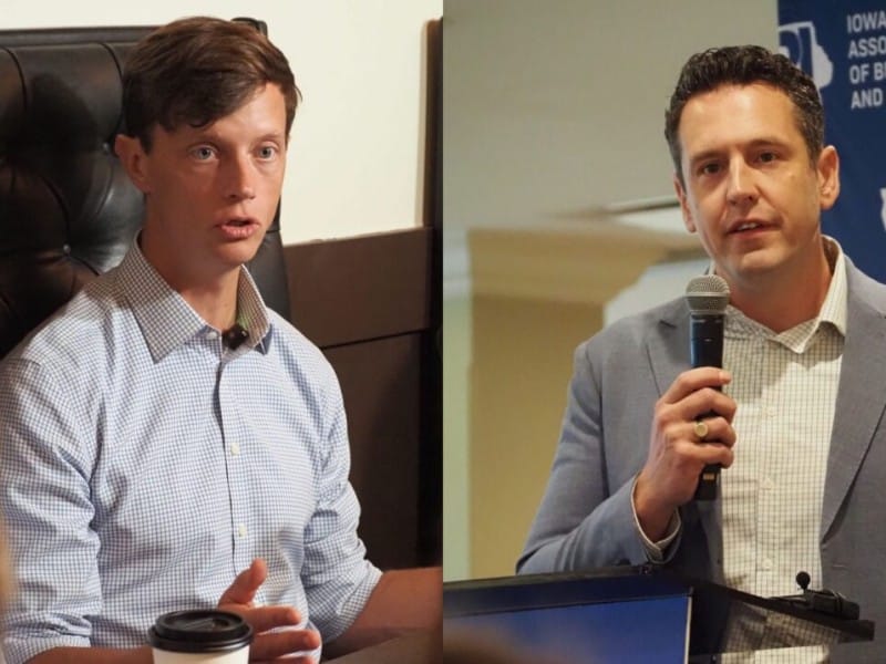 Side-by-side composite photo shows Rob Sand on the left speaking indoors and Zach Lahn on the right speaking into a microphone.