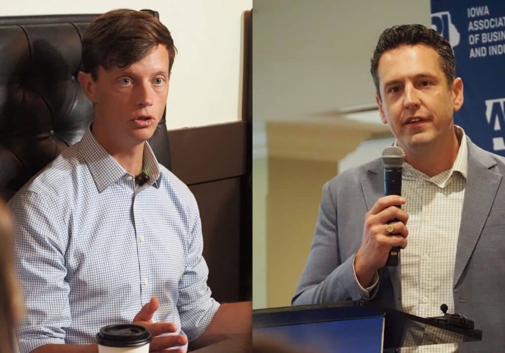 Side-by-side composite photo shows Rob Sand on the left speaking indoors and Zach Lahn on the right speaking into a microphone.