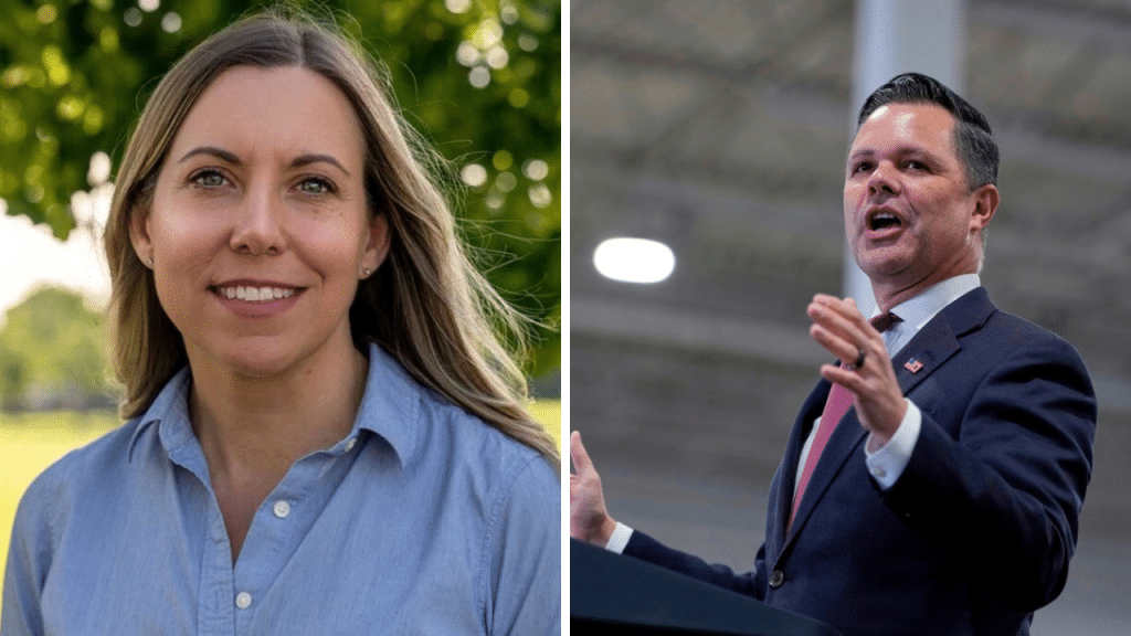 Side-by-side composite photo shows Sarah Trone Garriott smiling on the left and Zach Nunn gesturing while speaking on the right.