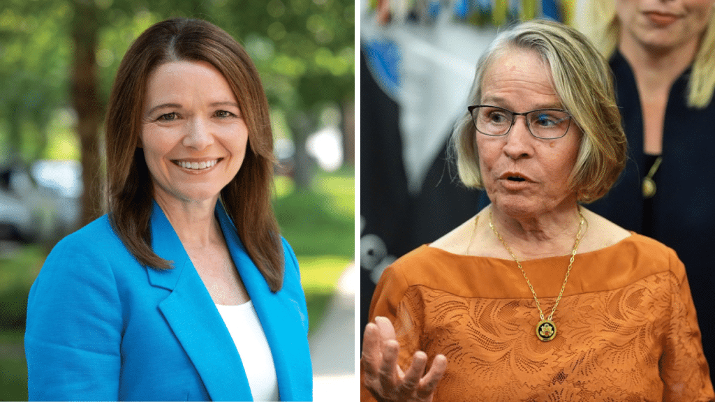 Side-by-side composite photo shows Christina Bohannan smiling on the left and Mariannette Miller-Meeks gesturing while speaking on the right.