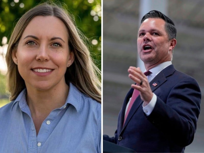 Side-by-side composite photo shows Sarah Trone Garriott smiling on the left and Zach Nunn gesturing while speaking on the right.