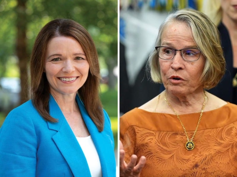 Side-by-side composite photo shows Christina Bohannan smiling on the left and Mariannette Miller-Meeks gesturing while speaking on the right.