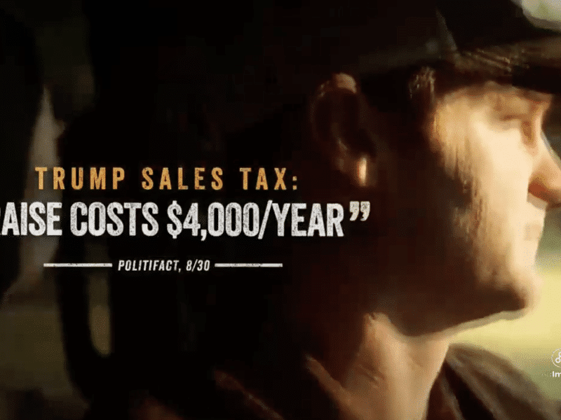 A man in a cap drives with text overlay: "TRUMP SALES TAX: 'RAISE COSTS $4,000/YEAR' - POLITIFACT, 8/30"