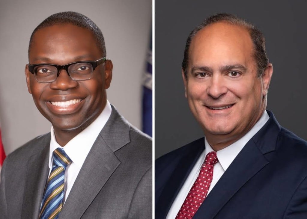 On the left, official portrait of Garlin Gilchrist II in a suit, smiling, with American and Michigan flags behind him. On the right, Headshot of Anthony Forlini, Macomb County clerk and Republican candidate for Michigan secretary of state.