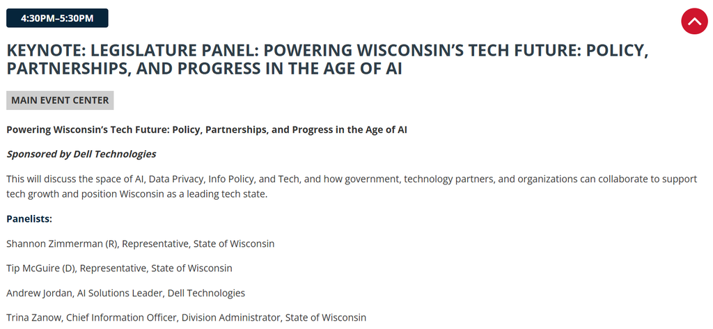 Screenshot of the event schedule listing a panel session titled "Keynote: Legislature Panel: Powering Wisconsin's Tech Future" sponsored by Dell Technologies, with four listed panelists, including Zimmerman.