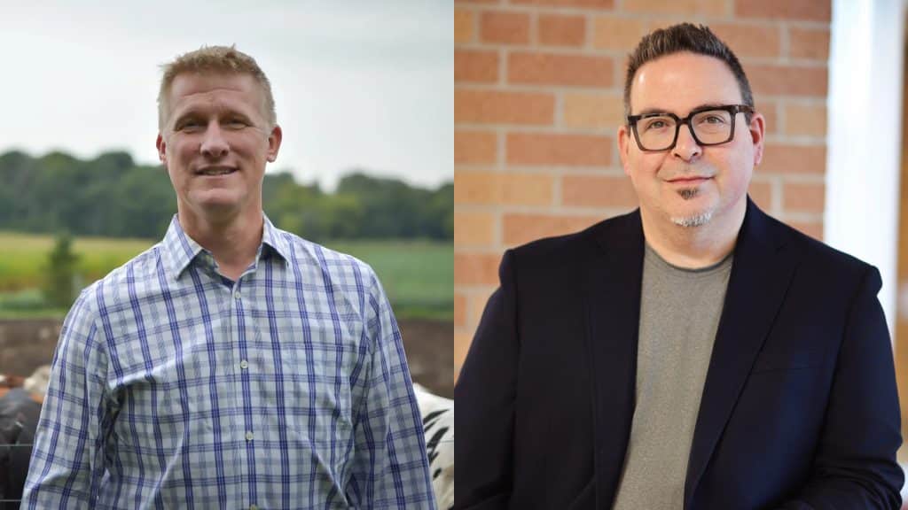 The image shows Republican Nels Pierson in front of a dairy farm and Democrat Simon Glaser outside of a school.