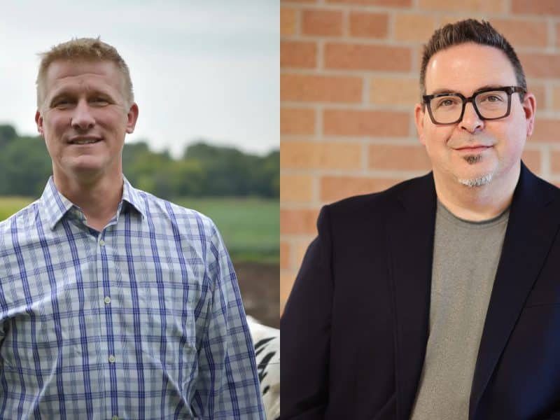 Side-by-side headshots of Nels Pierson standing outdoors in a plaid shirt on the left and Simon Glaser wearing glasses and a blazer on the right.