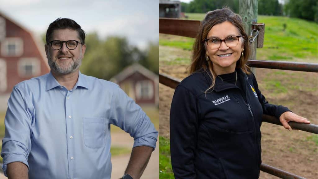 Side-by-side photos of Aaron Schweiger posing outdoors on the left and Rep. Natalie Zeleznikar standing by a wooden fence on the right.