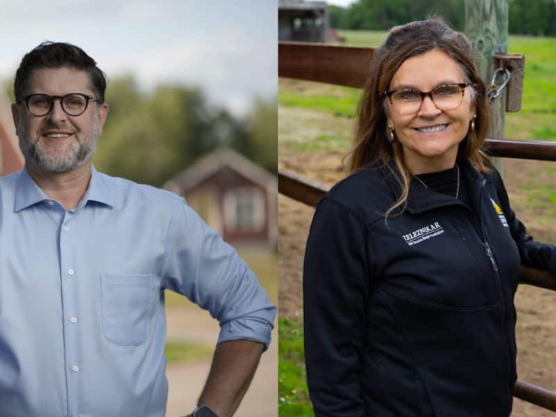 Side-by-side photos of Aaron Schweiger posing outdoors on the left and Rep. Natalie Zeleznikar standing by a wooden fence on the right.