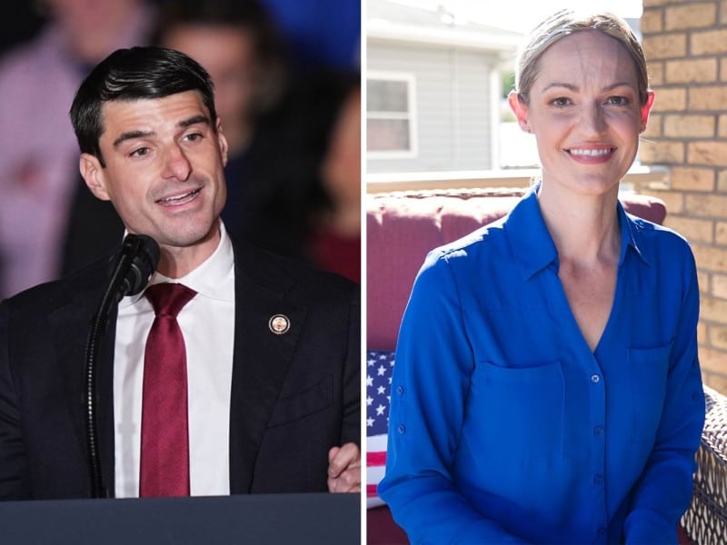 Side-by-side photos of U.S. Rep. Rob Bresnahan speaking into a microphone on the left and Paige Cognetti smiling on the right.