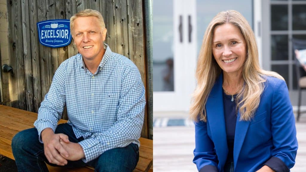 Side-by-side headshots of Andrew Myers sitting outdoors on a wooden bench on the left and Tracey Breazeale smiling in a blue jacket on the right.