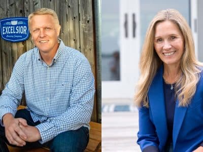 Side-by-side headshots of Andrew Myers sitting outdoors on a wooden bench on the left and Tracey Breazeale smiling in a blue jacket on the right.