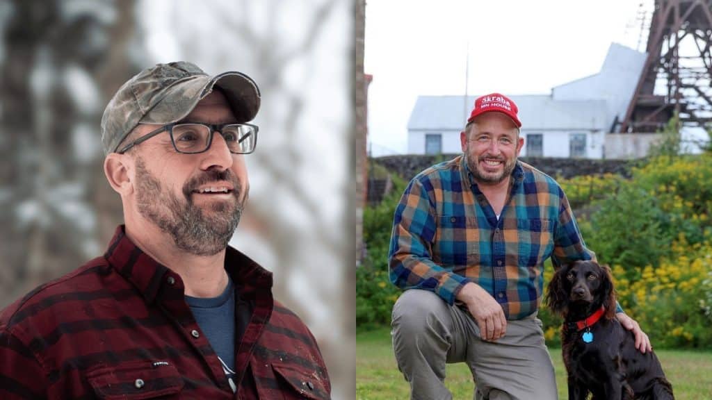 This image shows DFL challenger Aaron Kania and the incumbent Republican Roger Skraba. Both are dressed in caps and flannel shirts.
