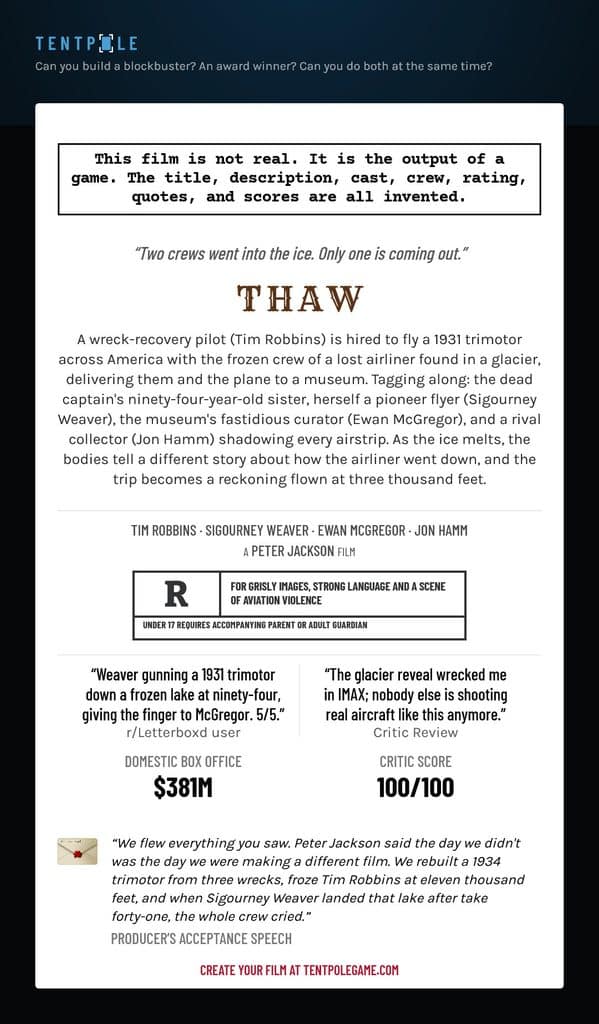 An info card for an invented Peter Jackson film titled "THAW" starring Tim Robbins and Sigourney Weaver, featuring a 100/100 critic score.