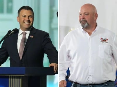 Side-by-side photos of Rep. Ryan Mackenzie speaking at a podium on the left and Bob Brooks smiling in a white shirt on the right.