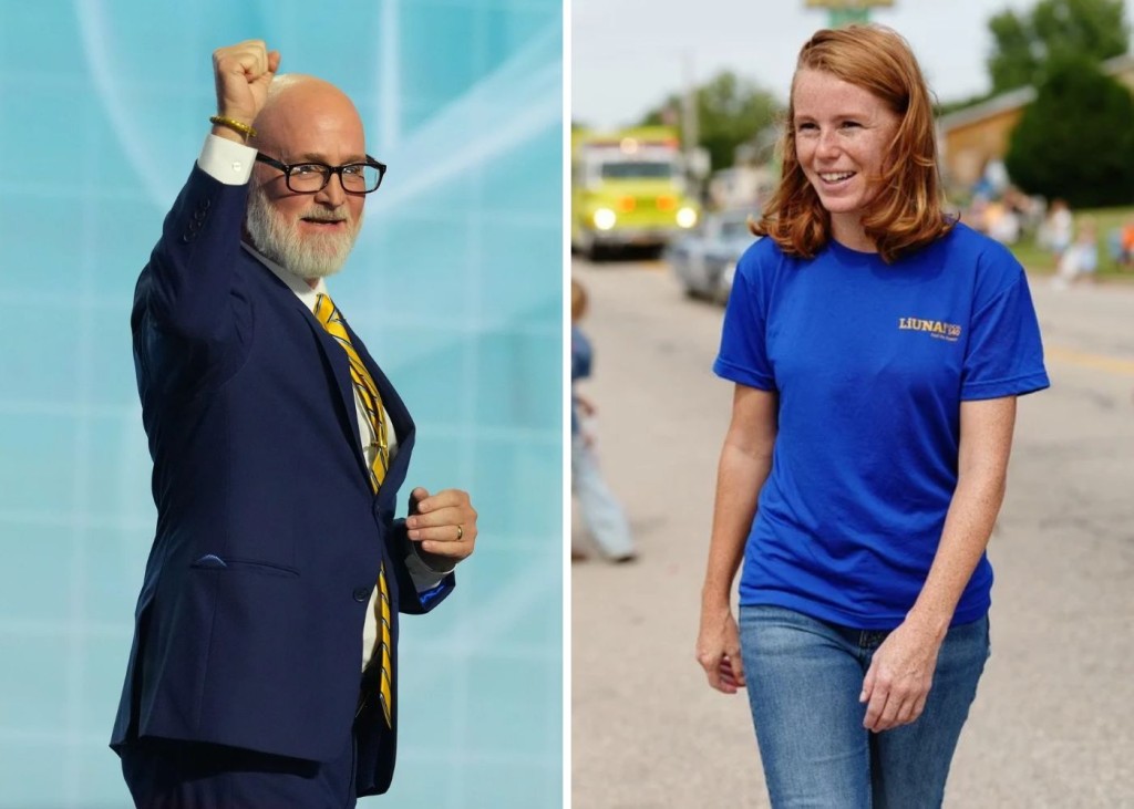 Side-by-side photos of Rep. Derrick Van Orden raising his fist on the left and Rebecca Cooke smiling while walking outdoors on the right.