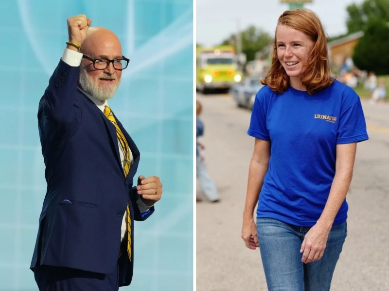 Side-by-side photos of Rep. Derrick Van Orden raising his fist on the left and Rebecca Cooke smiling while walking outdoors on the right.