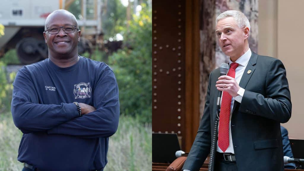 Side-by-side portraits of Chris Ford smiling outdoors in a Rochester Fire Dept shirt, and Michael Kreun speaking into a microphone.