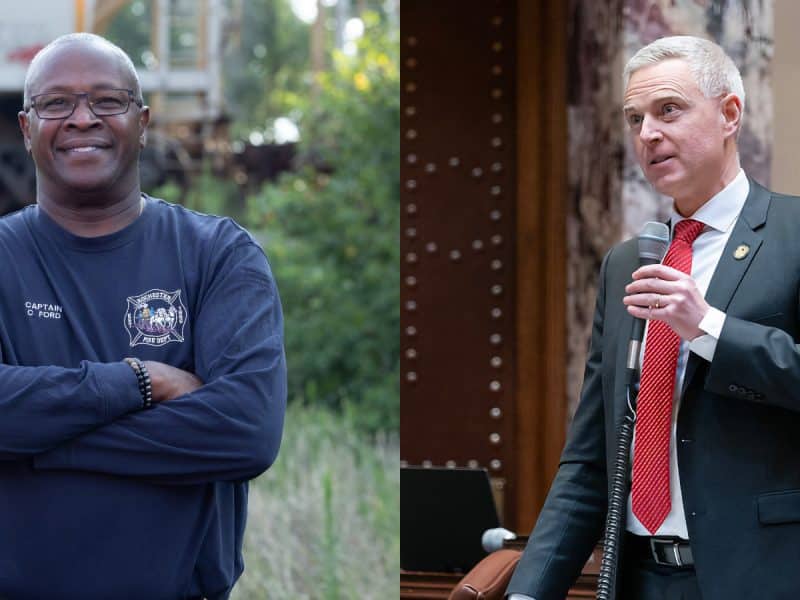 Side-by-side portraits of Chris Ford smiling outdoors in a Rochester Fire Dept shirt, and Michael Kreun speaking into a microphone.