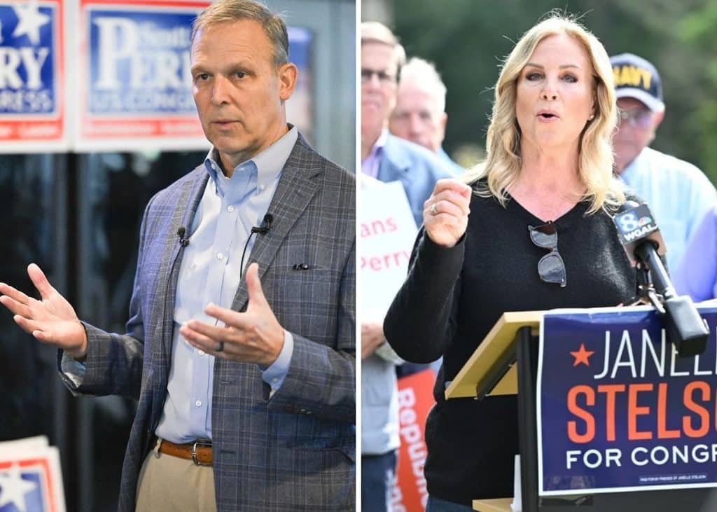 Side-by-side photos of Rep. Scott Perry gesturing while speaking on the left and Janelle Stelson speaking at a podium on the right.