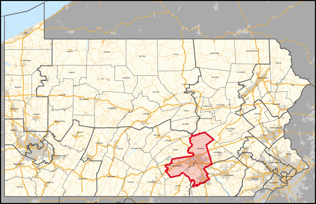 Graphic showing a map of Pennsylvania (in light yellow) with the 8th Congressional District in the southeast highlighted in red