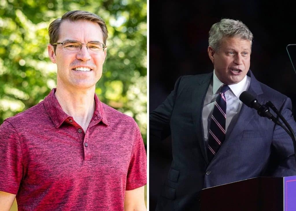 Side-by-side photos of Sean McCann smiling outdoors on the left and Rep. Bill Huizenga speaking at a podium on the right.