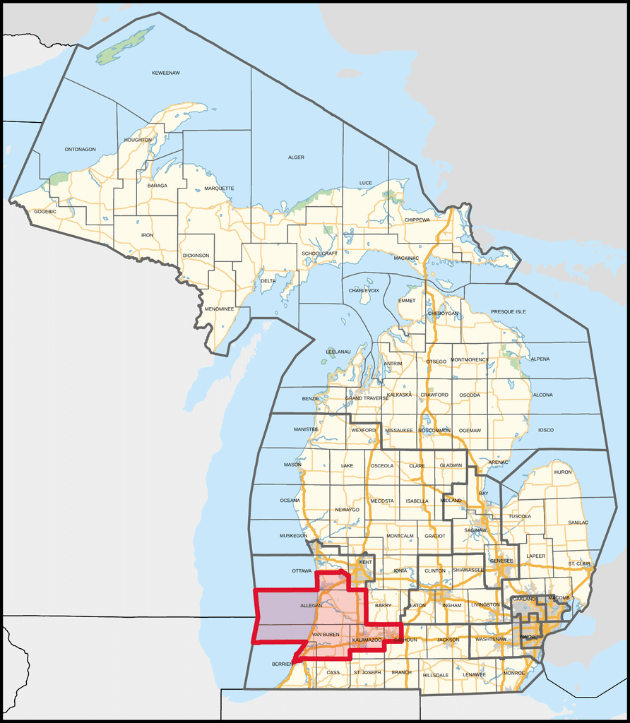 Graphic showing a map of Michigan (in light yellow) with the 4th Congressional District in the south highlighted in red