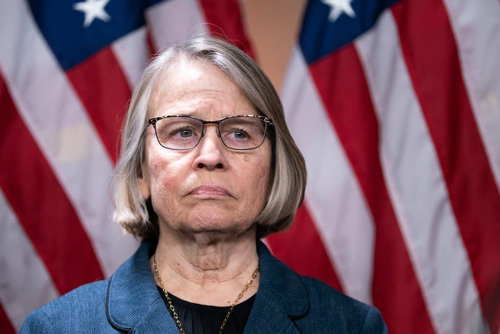 headshot photo of Iowa GOP incumbent Mariannette Miller-Meeks standing in front of two American flags