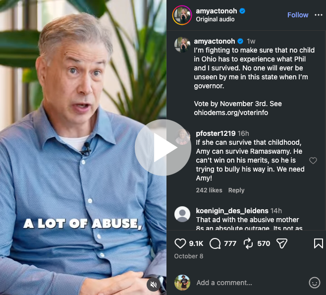 Instagram post by amyactonoh featuring a video of a man speaking with subtitle "A LOT OF ABUSE,". The caption reads in part: "I'm fighting to make sure that no child in Ohio has to experience what Phil and I survived."