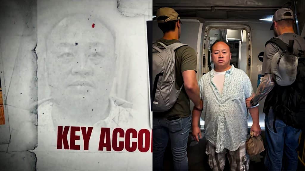 Left: Ad still reading "Key Accomplice" over a mugshot-style photo. Right: Tou Lue Vang escorted by Homeland Security officers onto a plane for deportation