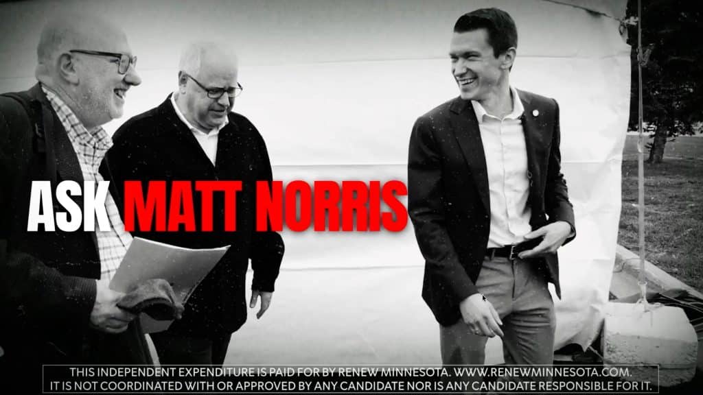 Ad still reading "Ask Matt Norris" over a black-and-white photo of three men, paid for by Renew Minnesota