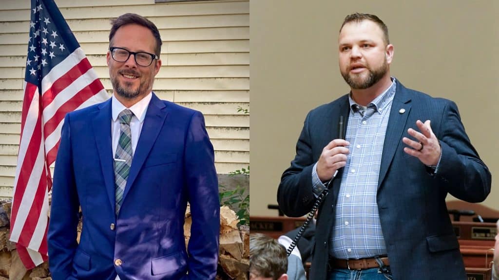 Side-by-side photos: a man in a blue blazer beside an American flag, and a man in a dark blazer speaking into a microphone on a legislative floor
