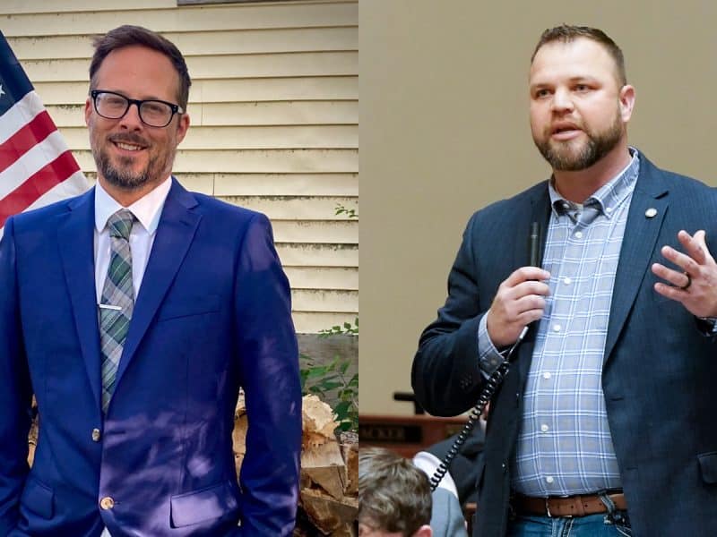 Side-by-side photos: a man in a blue blazer beside an American flag, and a man in a dark blazer speaking into a microphone on a legislative floor